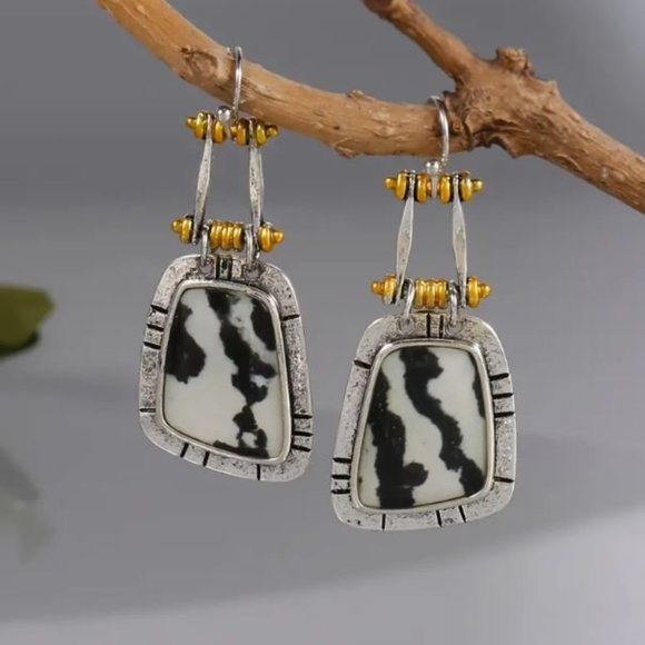 Two Tone Animal Print Dangle Earrings - Picture 1 of 1